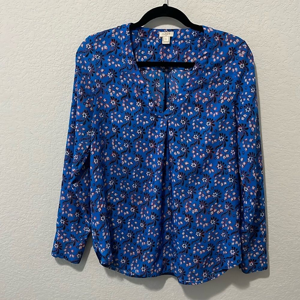 J. CREW FACTORY Blue Red & Black Floral Print Long Sleeve V-Neck Blouse, Size S